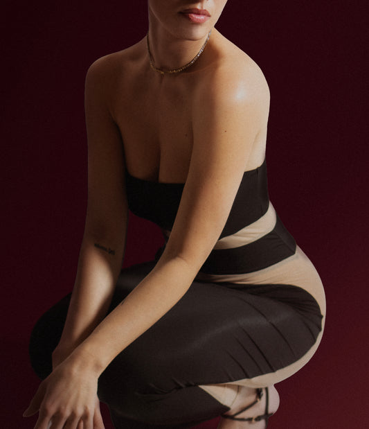 ALCHIMIA abito nero lungo con trasparenze