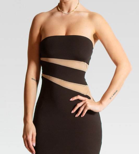 ALCHIMIA abito nero lungo con trasparenze