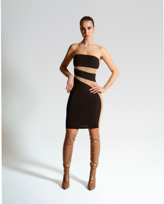 ENIGMA abito corto nero con trasparenze